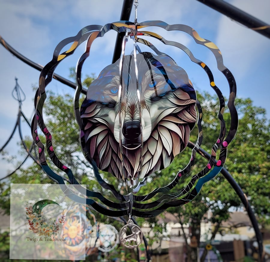 Stained glass wolf garden windspinner 