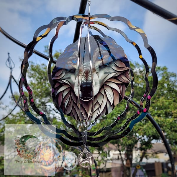 Stained glass wolf garden windspinner 