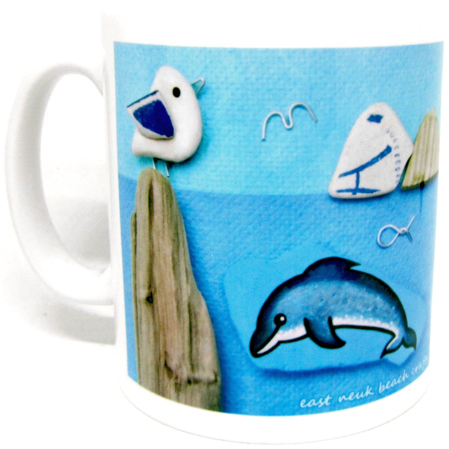 Seaside Mug & Gift Box - Seagull, Boat, Dolphin - Handmade Coastal Pebble Art