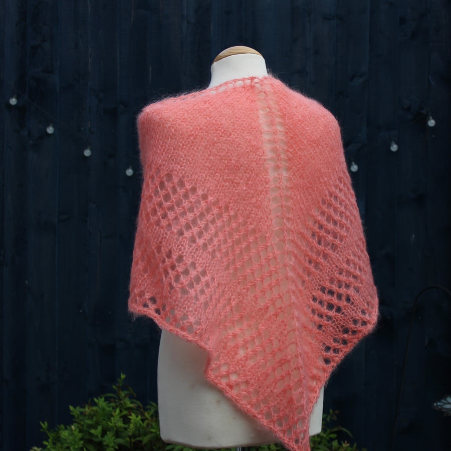 Triangular hand knit shawl in vintage Salmon coloured Mohair yarn - design A2