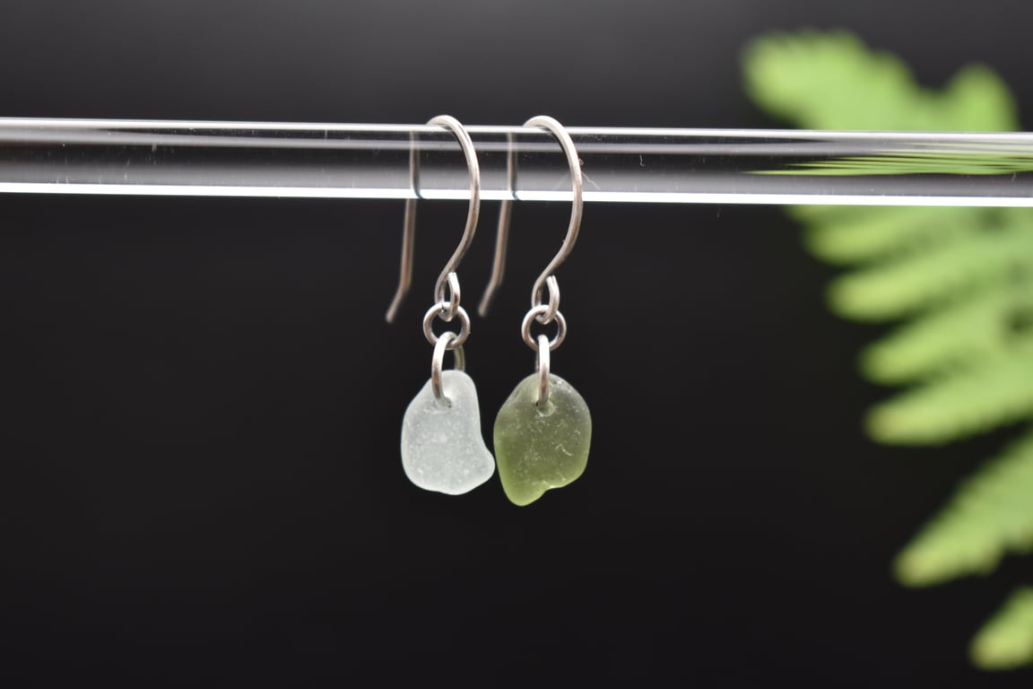 Scottish Sea Glass and Recycled Sterling Silver Everyday Earrings, Mismatched