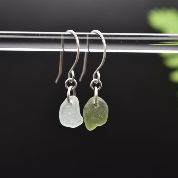 Scottish Sea Glass and Recycled Sterling Silver Everyday Earrings, Mismatched