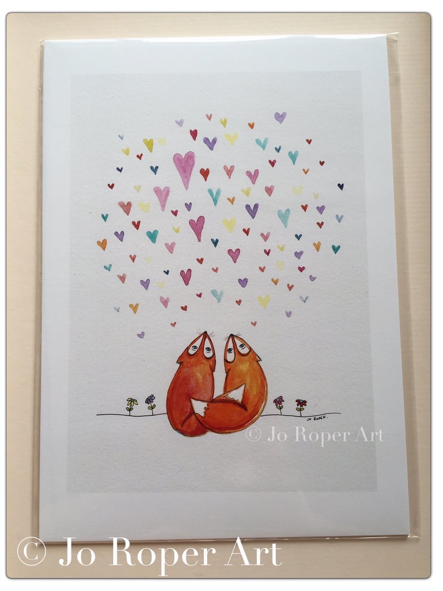 Fox Foxy Couple with hearts is an A4 Giclee Print  by Jo Roper Art