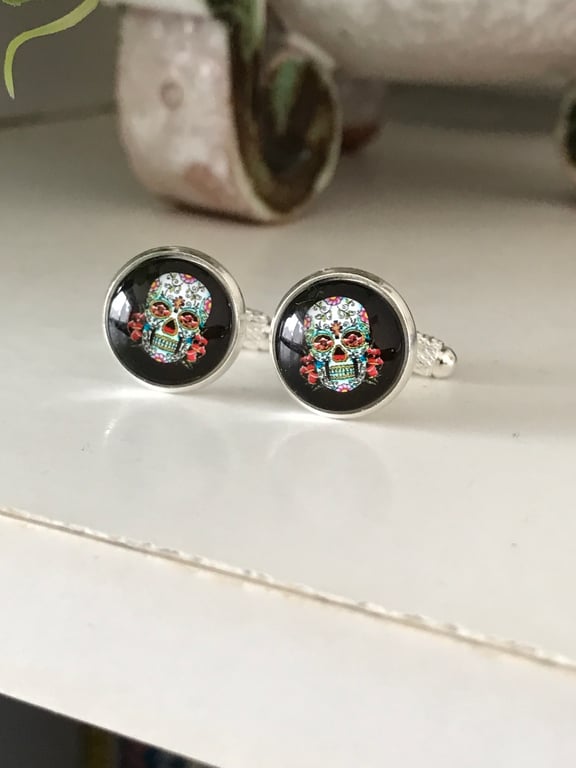 Black Day of the Dead Sugar Skull Cufflinks 