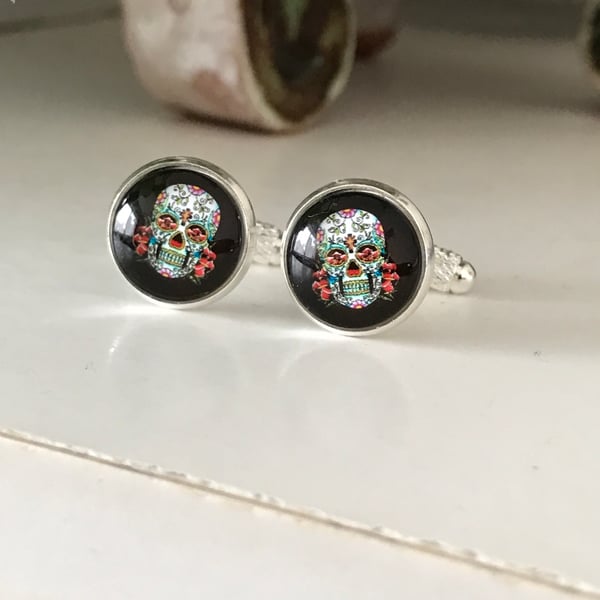 Black Day of the Dead Sugar Skull Cufflinks 