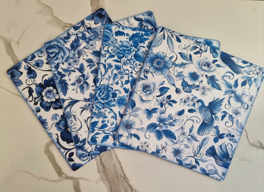 Blue Floral Greeting Cards, Set of 4, Birds and Flowers, Envelopes Included