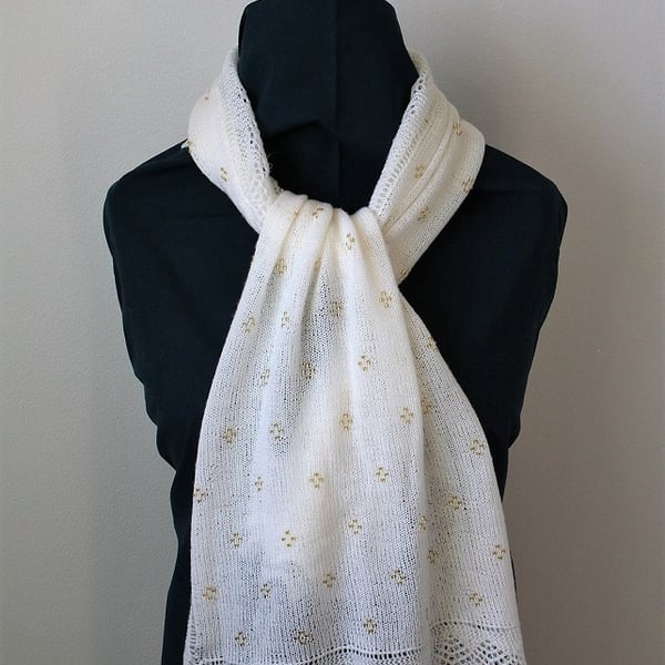 Hand Knitted White Merino Wool Scarf 