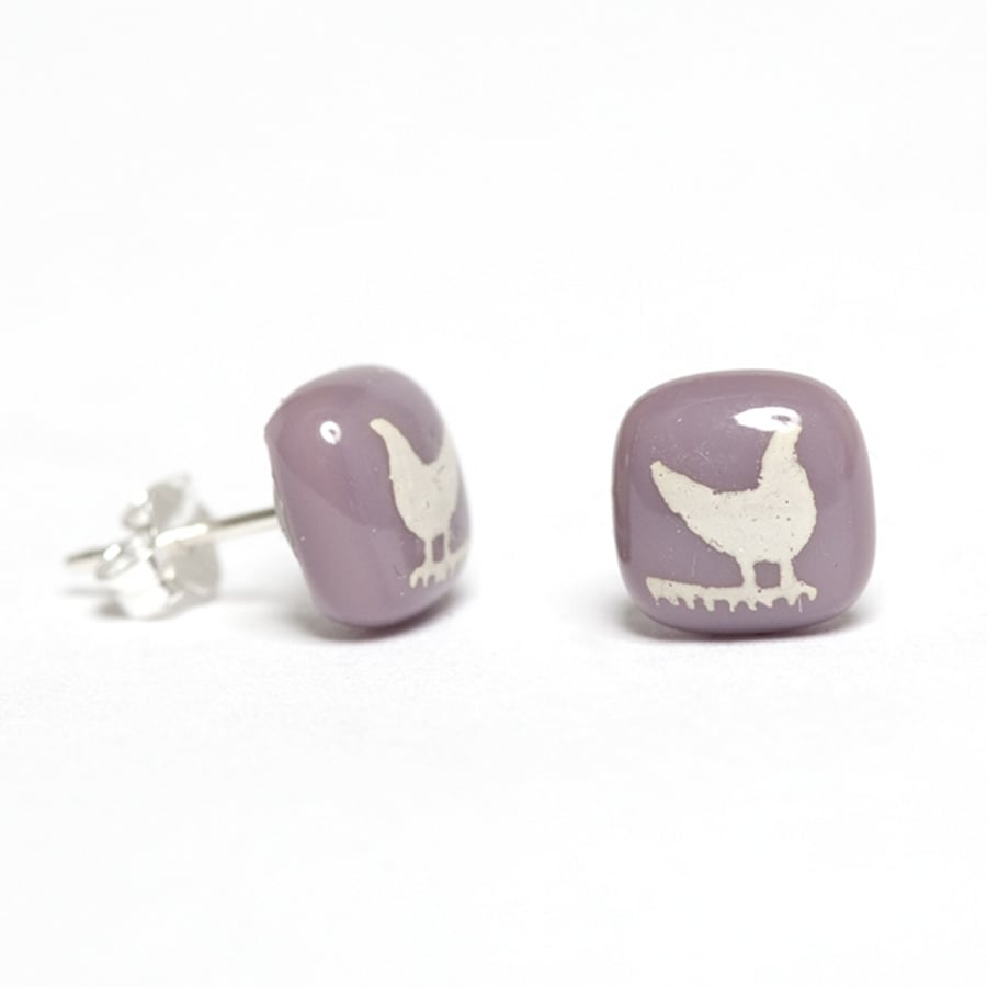 Glass Bird Earrings with White Screen Printed Kiln Fired Enamel