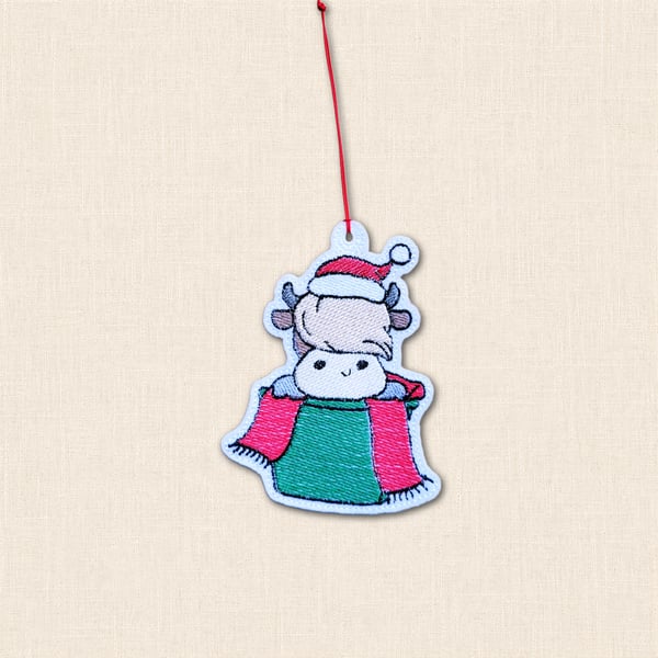 Festive Pot Highland Cow Christmas Decoration - Embroidered Felt Ornament