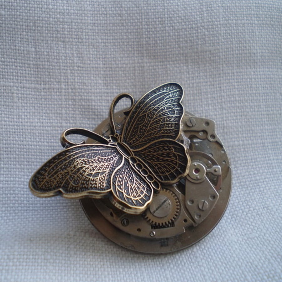 Steampunk Time Flies Butterfly Brooch