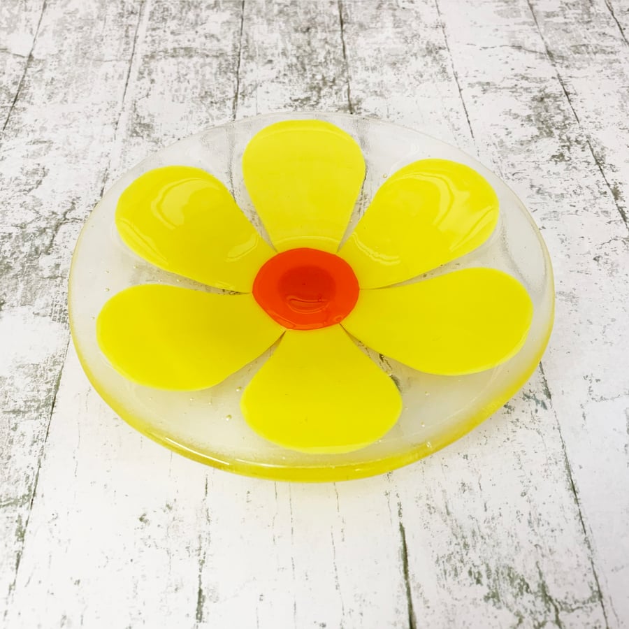 Fused Glass Retro Yellow Flower Dish - Handmade Fused Glass Dish