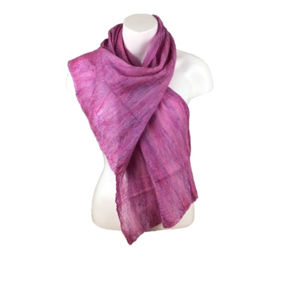 Merino wool on silk nuno felted scarf in pink and lilac shades