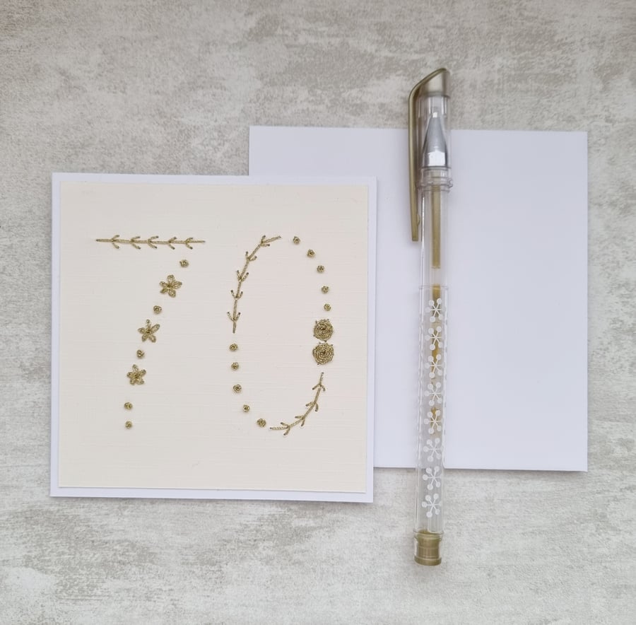 Hand Embroidered 70th Birthday Card