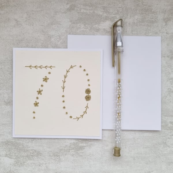 Hand Embroidered 70th Birthday Card