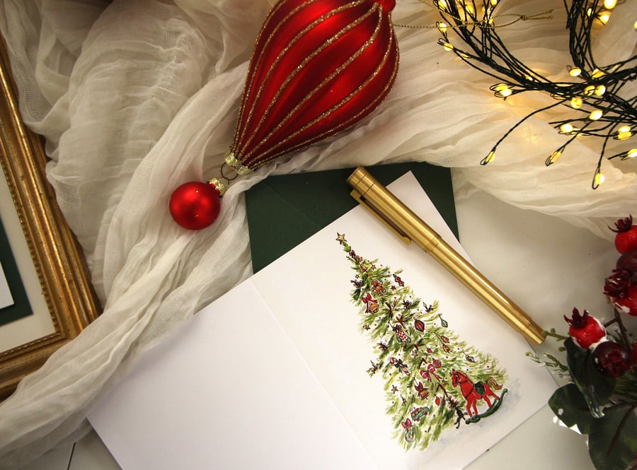 Traditional Christmas Card – Classic Festive Watercolour Tree with Rocking Horse