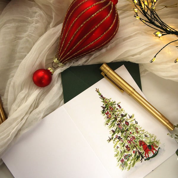 Traditional Christmas Card – Classic Festive Watercolour Tree with Rocking Horse