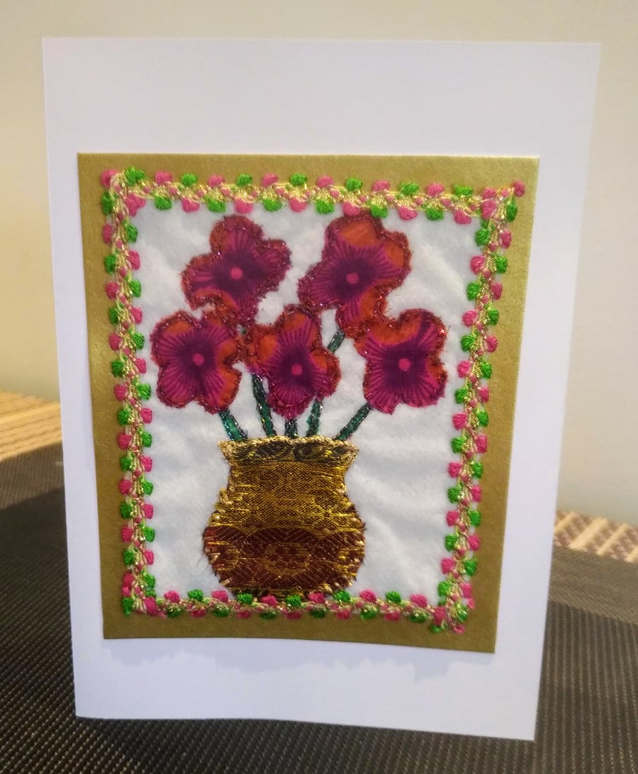 Blooms in a vase - Hand embroidered greeting card.