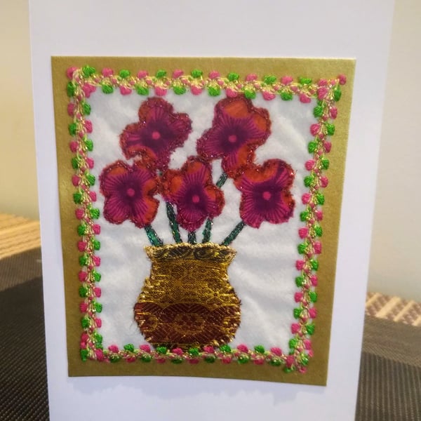 Blooms in a vase - Hand embroidered greeting card.