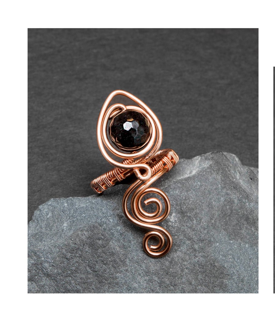 Handcrafted copper wire ring, wrapped black faceted agate, 