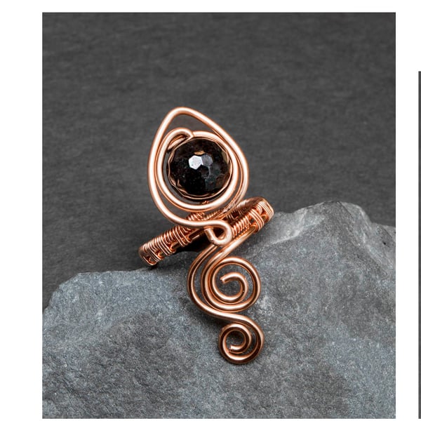 Handcrafted copper wire ring, wrapped black faceted agate, 