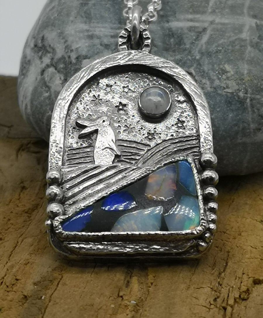 Star Gazing Hare Pendant with Moon Stone and Opal Mosaic Doublet (reduced)