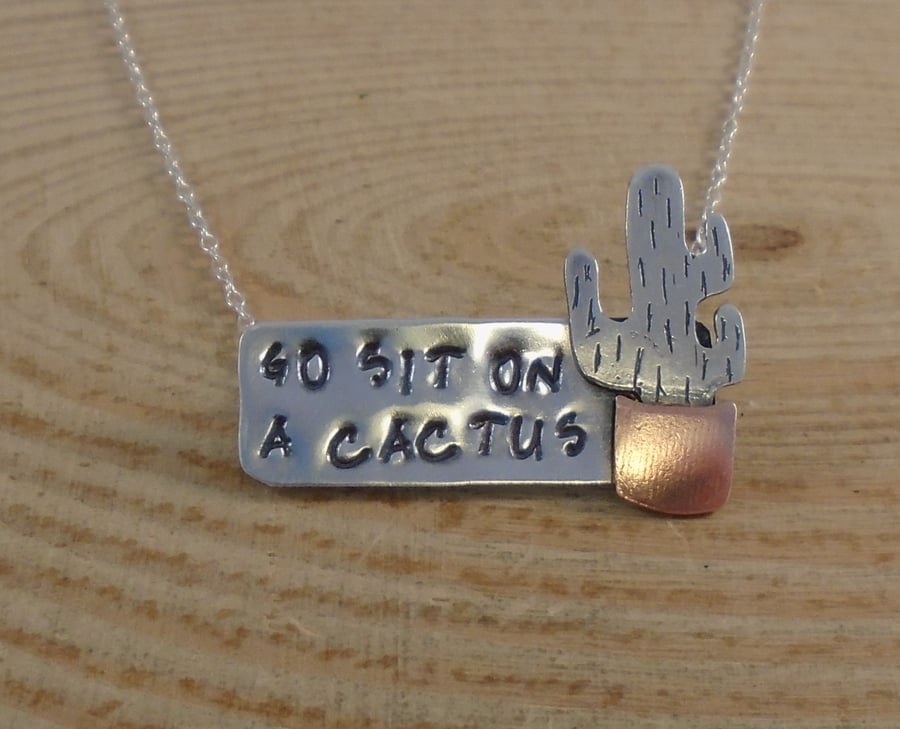 Sterling Silver and Copper 'Go Sit On A Cactus' Necklace