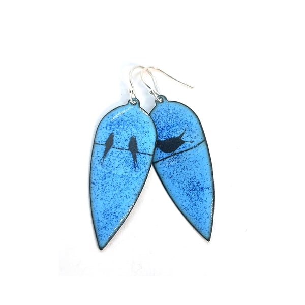 Blue enamel bird statement earrings