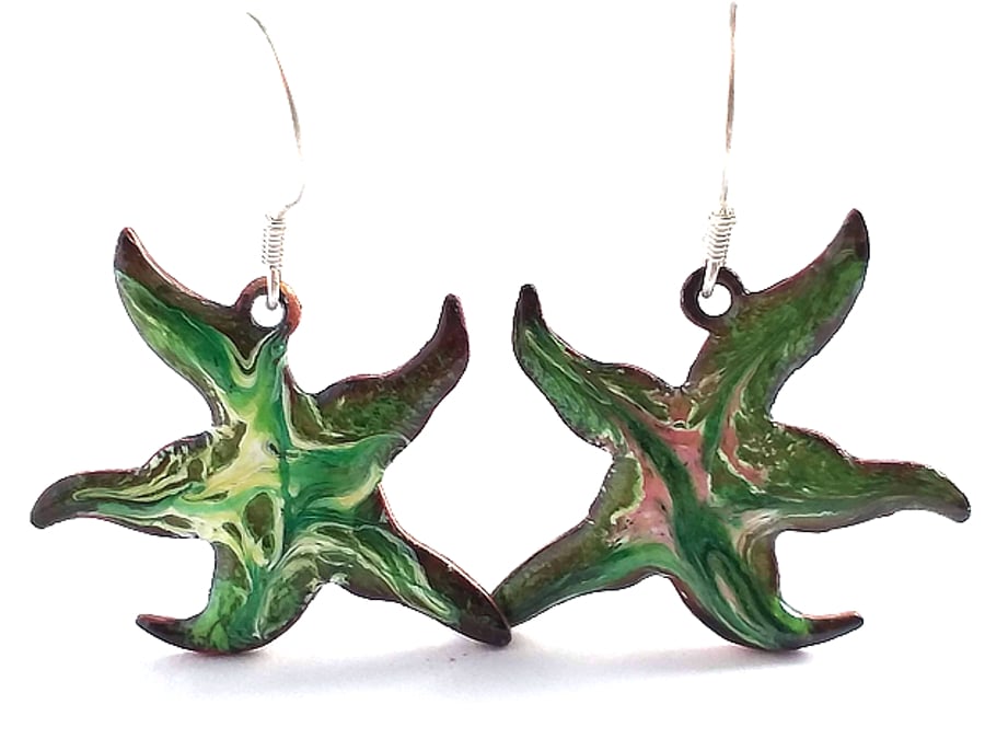  starfish: white, gold and pink scrolled on green - earrings