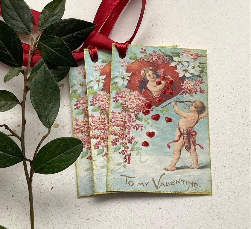 GIFT TAGS  ' To My Valentine '( set of 3) Vintage style.  Cupid . Hearts. Love. 