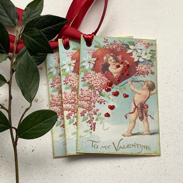 GIFT TAGS  ' To My Valentine '( set of 3) Vintage style.  Cupid . Hearts. Love. 