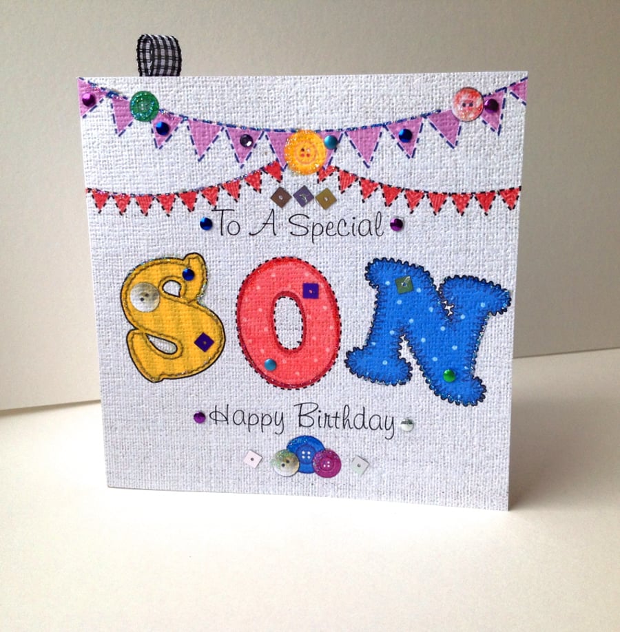 Birthday Card Son,Printed Applique Design,Can Be Personalised,Handfinished Card