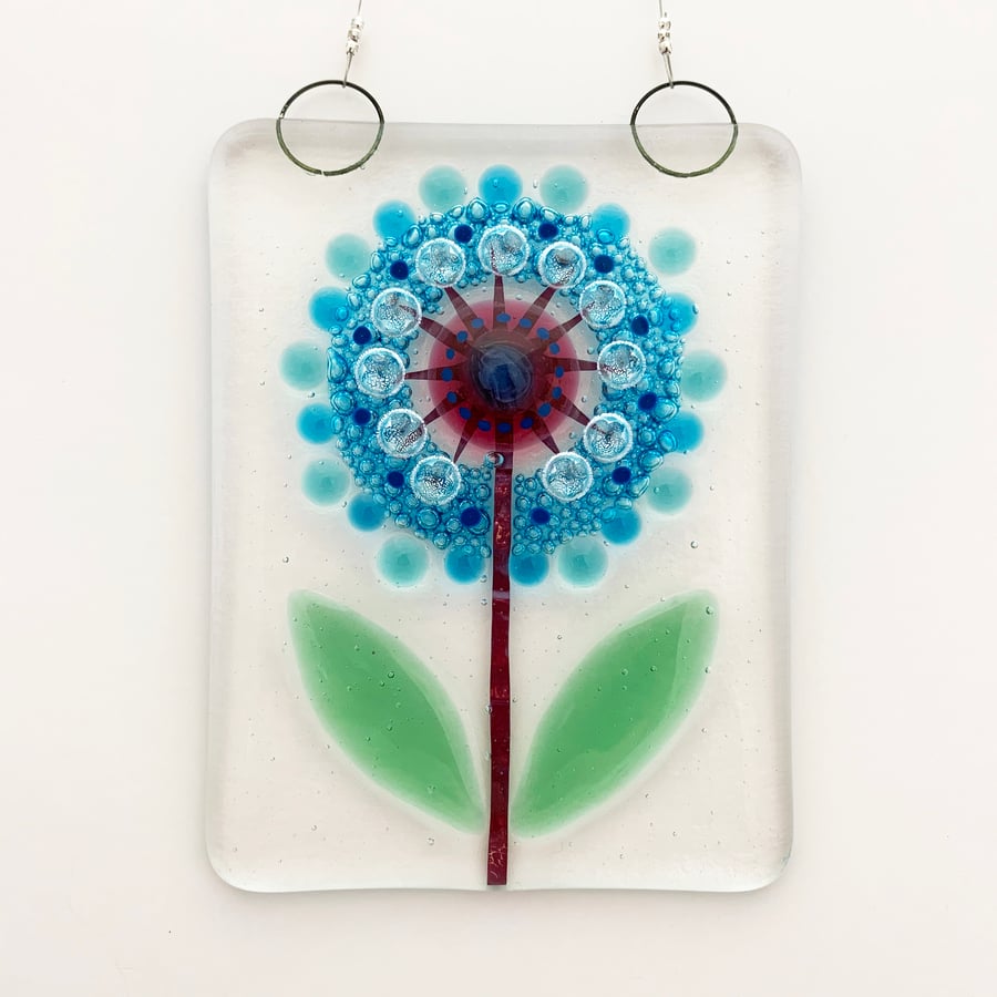 Fused Glass Blue and Pink Flower Hanging - Handmade Glass Suncatcher