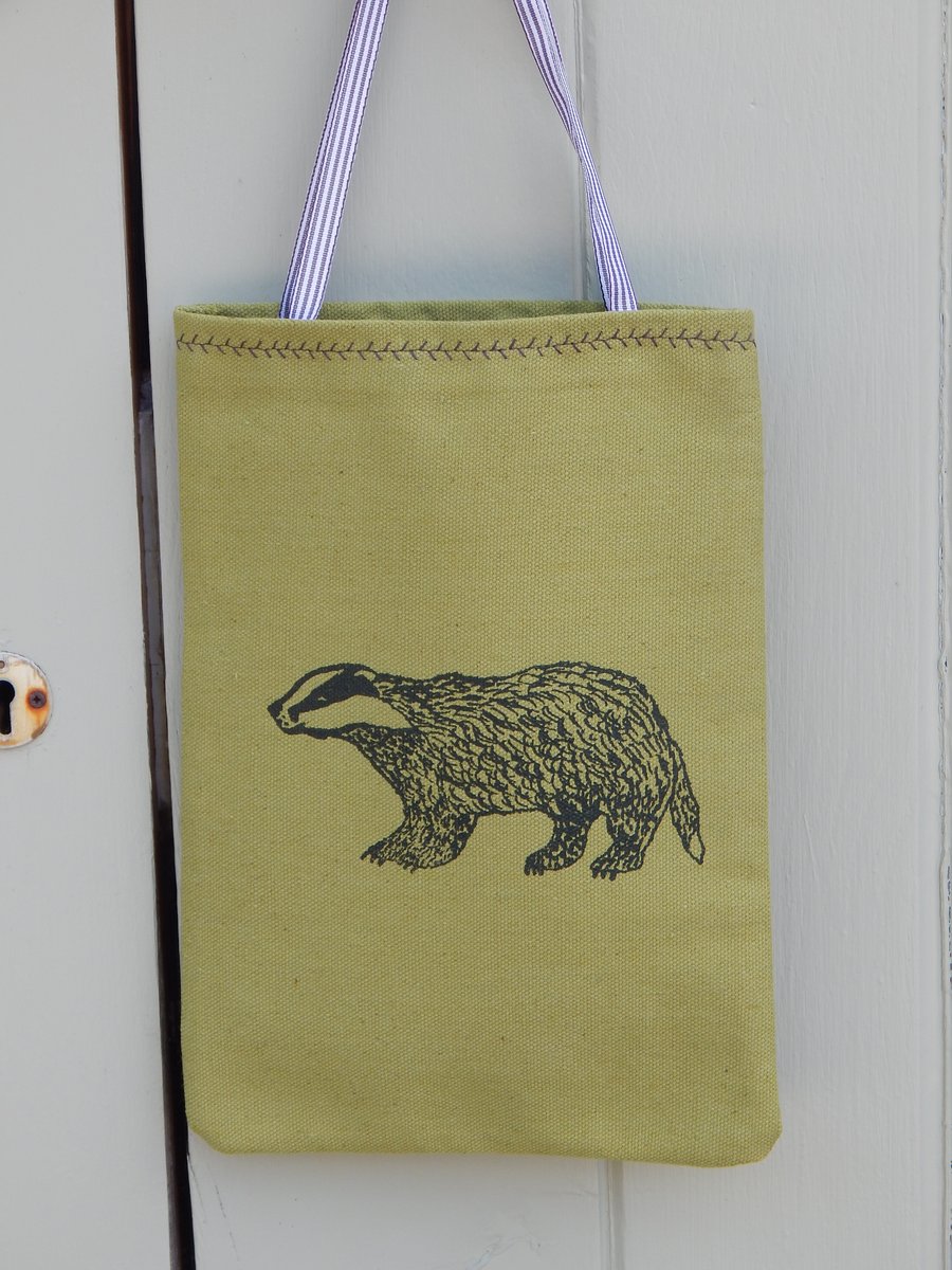Badger - Green Cotton Screen printed bag - With Love