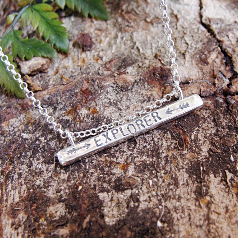 EXPLORER Sterling Silver Stamped Word Quote Bar Necklace 