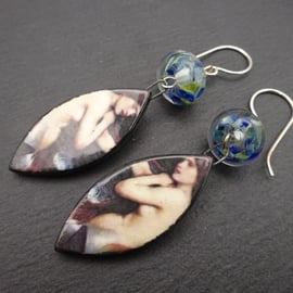 blue lampwork glass earrings, ceramic mermaids, sterling silver