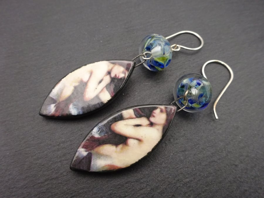 blue lampwork glass earrings, ceramic mermaids, sterling silver