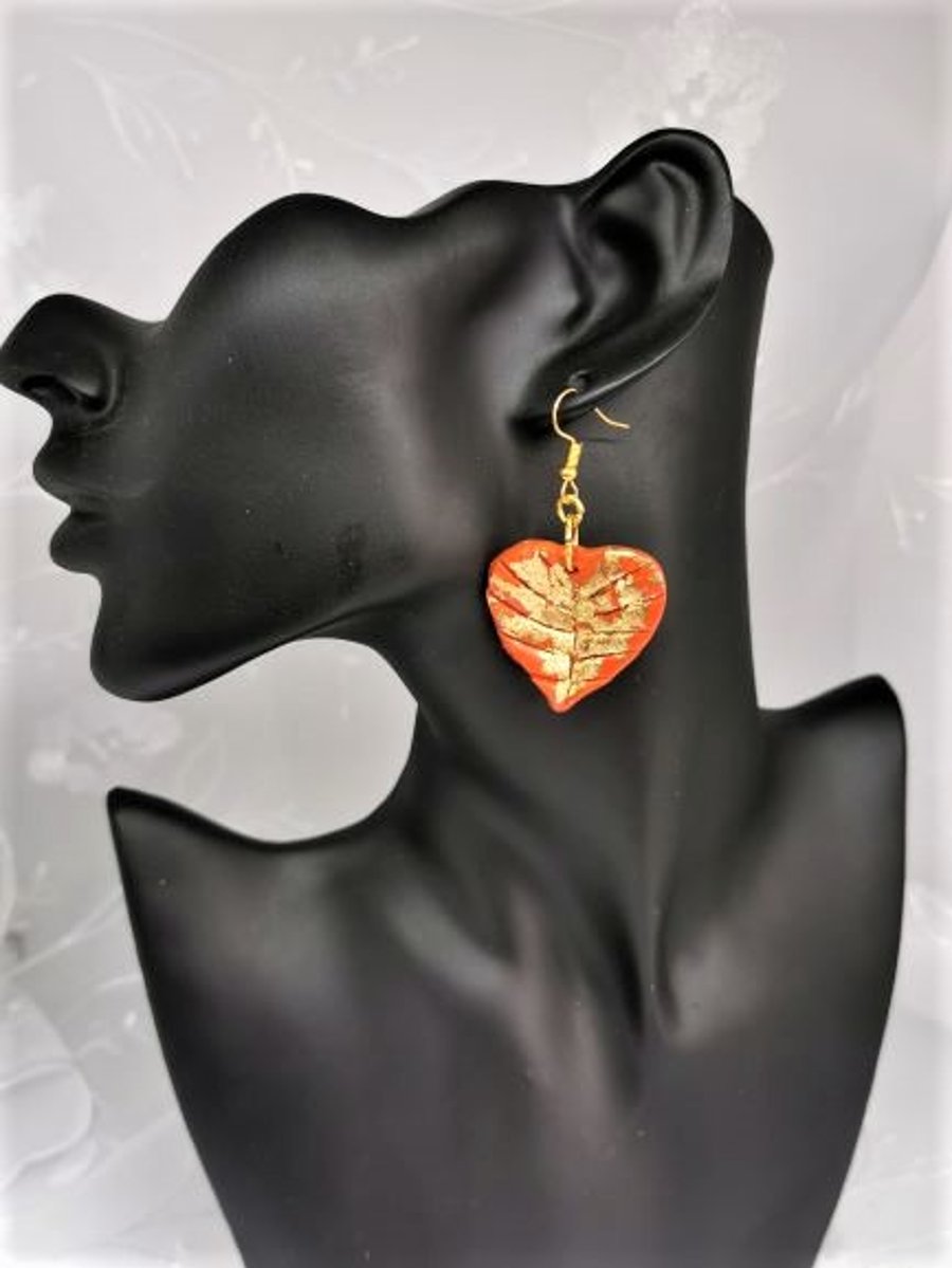 Heart Shaped, Autumn Leaf Earrings With Gold Shimmer. Handcrafted, Polymer Clay