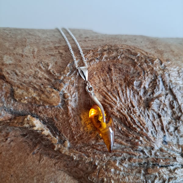 Amber Cognac Leaf Necklace. Baltic Amber, Sterling Silver, Necklace, Handmade