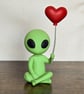 Alien Holding Heart Balloon Figurine - Cute Resin Sculpture - 3D Printed Decor 