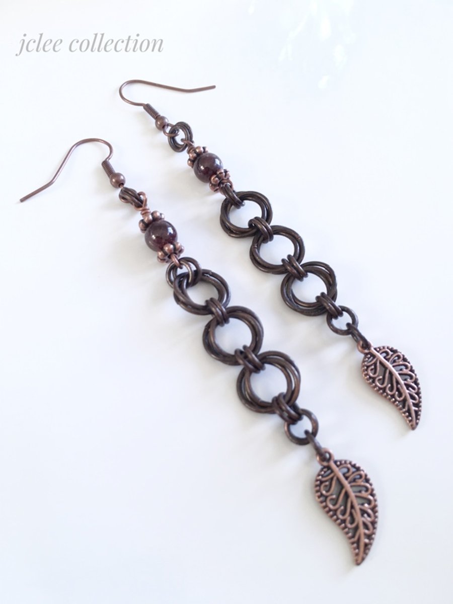 Long Rusic Copper Chainmaille Earrings with Garnet Gemstones 
