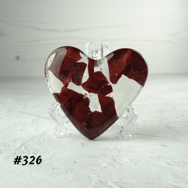 Red fused glass heart pocket hug with stand 5x4.5cm, handcrafted (326)