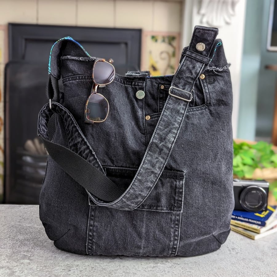 Black Denim Large Cross Body Bag with Retro Vintage Lining