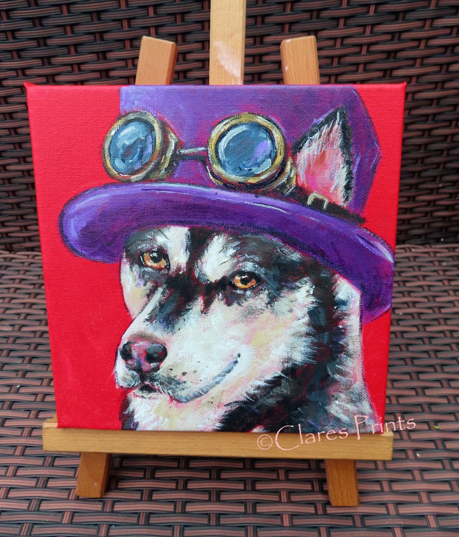 Steampunk Husky Dog Art Original Acrylic Painting on Canvas OOAK Retro 