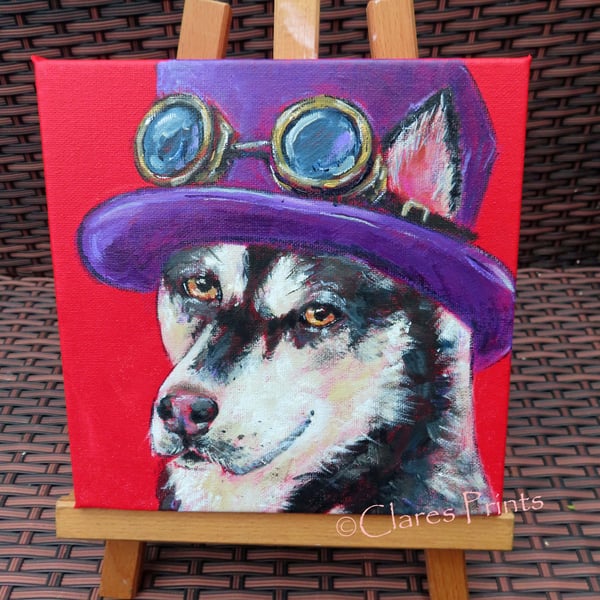 Steampunk Husky Dog Art Original Acrylic Painting on Canvas OOAK Retro 