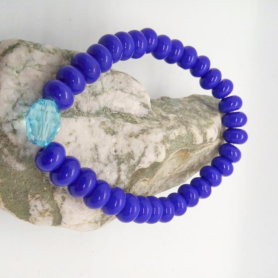 Cobalt Blue Rondelle Beads & A Pale Blue Crystal Stretch Bracelet, Gift for Her