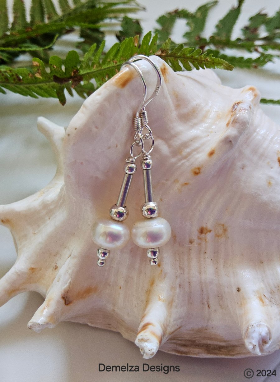 Designer Large Freshwater Culture Button Pearl Sterling Silver Earrings