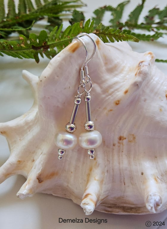 Designer Large Freshwater Culture Button Pearl Sterling Silver Earrings