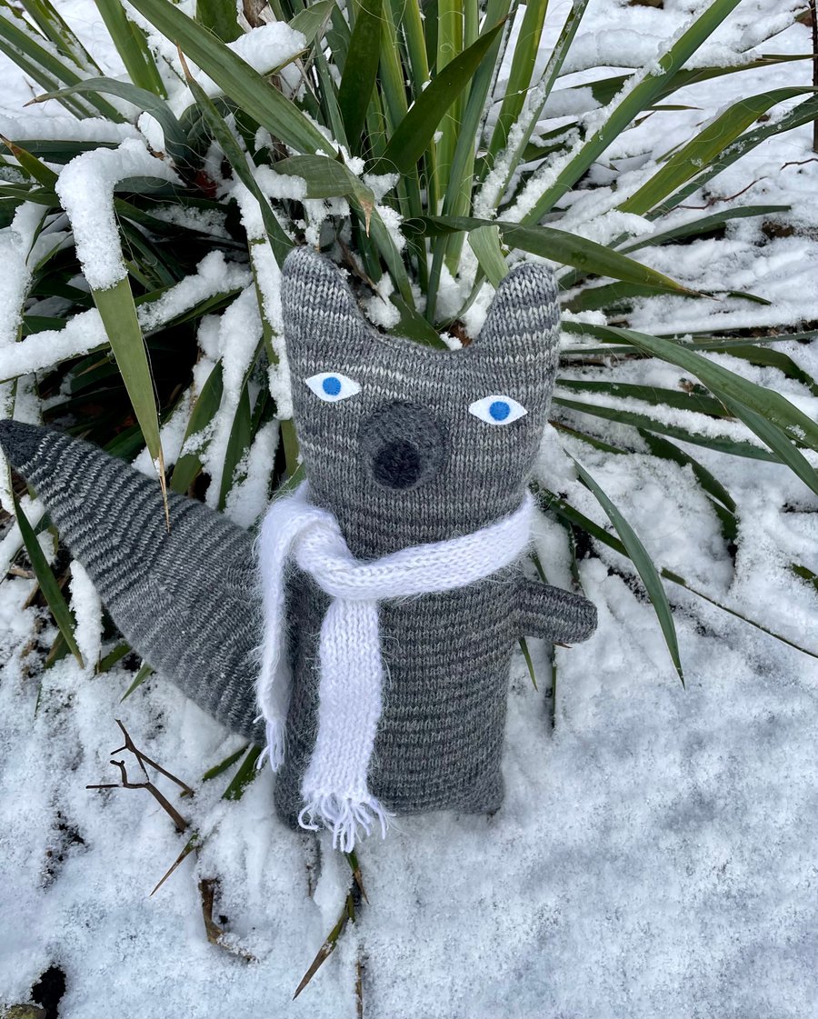 Grey knitted wolf  doll 