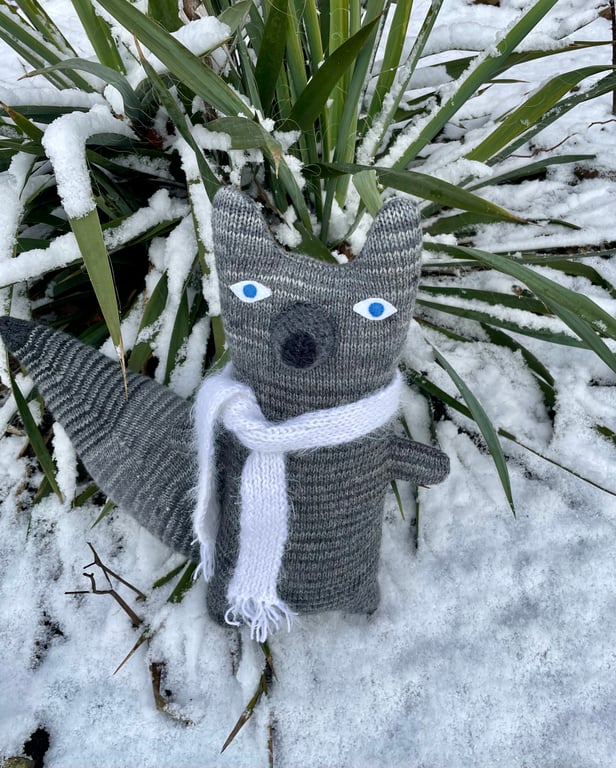 Grey knitted wolf  doll 