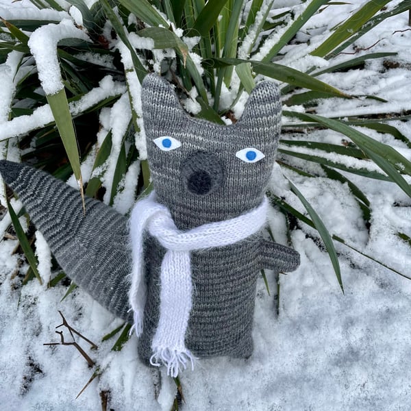 Grey knitted wolf  doll 